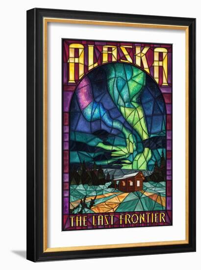 Alaska - Cabin and Northern Lights Stained Glass-Lantern Press-Framed Art Print