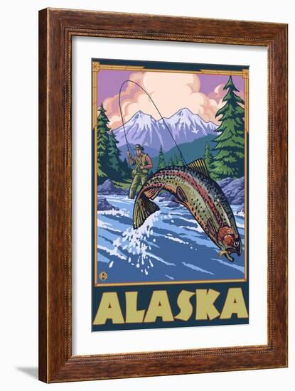 Alaska - Fly Fishing Scene-Lantern Press-Framed Art Print