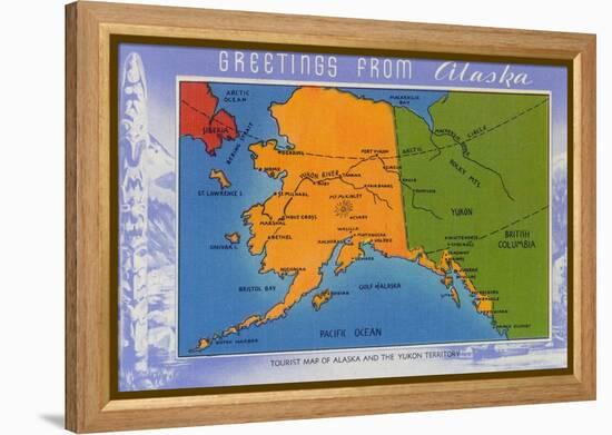 Alaska - Greetings From Alaska Map-Lantern Press-Framed Stretched Canvas