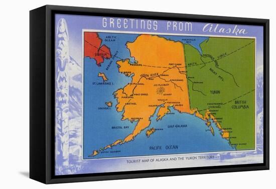 Alaska - Greetings From Alaska Map-Lantern Press-Framed Stretched Canvas