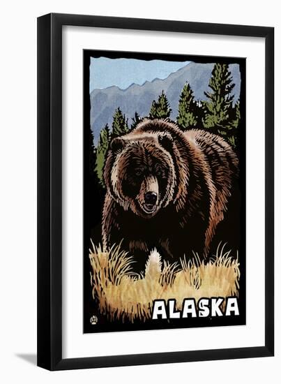 Alaska - Grizzly Bear - Scratchboard-Lantern Press-Framed Art Print