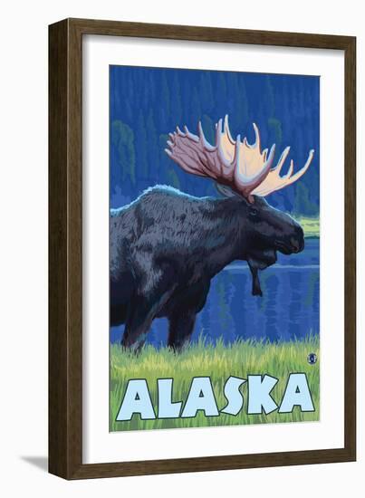 Alaska - Moonlight Moose-Lantern Press-Framed Art Print