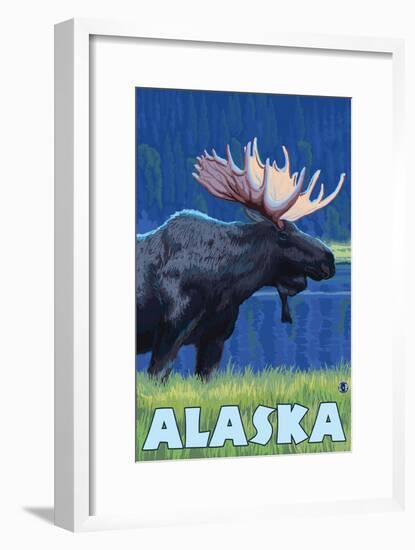 Alaska - Moonlight Moose-Lantern Press-Framed Art Print