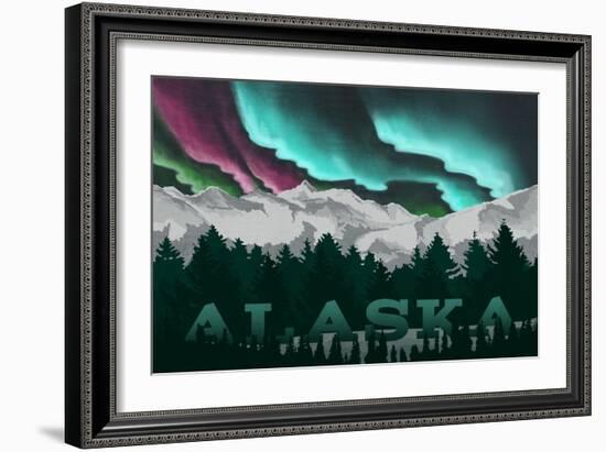 Alaska - Mountains and Northern Lights-Lantern Press-Framed Art Print