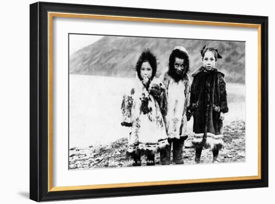 Alaska - Native Children in Parkas-Lantern Press-Framed Art Print