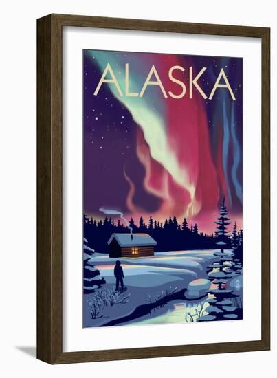 Alaska - Northern Lights and Cabin-Lantern Press-Framed Art Print