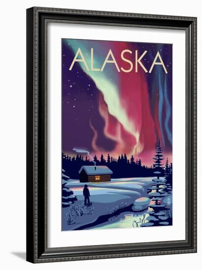 Alaska - Northern Lights and Cabin-Lantern Press-Framed Art Print