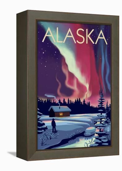 Alaska - Northern Lights and Cabin-Lantern Press-Framed Stretched Canvas