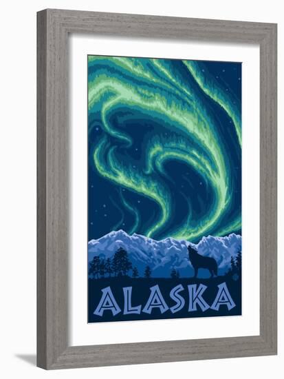 Alaska Northern Lights and Wolf-Lantern Press-Framed Art Print