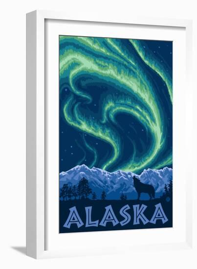 Alaska Northern Lights and Wolf-Lantern Press-Framed Art Print