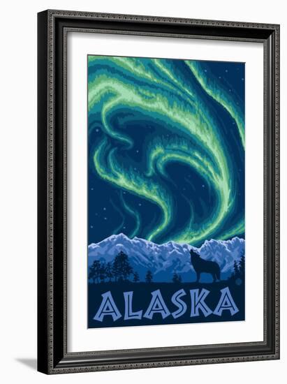 Alaska Northern Lights and Wolf-Lantern Press-Framed Art Print