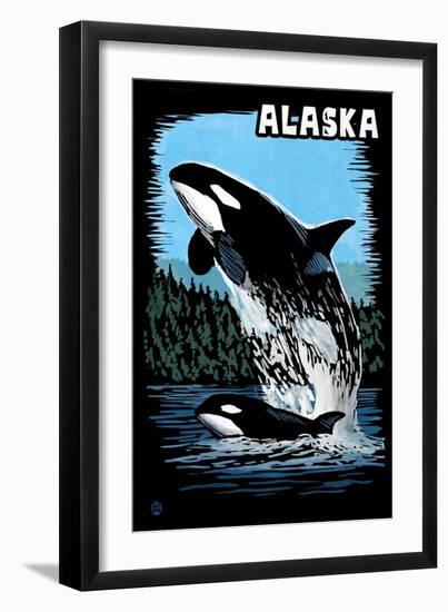 Alaska - Orca - Scratchboard-Lantern Press-Framed Premium Giclee Print