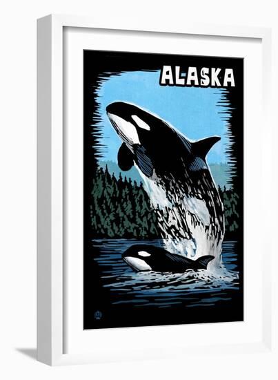 Alaska - Orca - Scratchboard-Lantern Press-Framed Premium Giclee Print