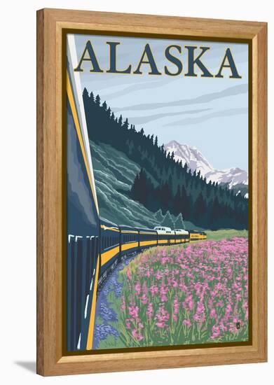 Alaska Railroad and Fireweed, Alaska-Lantern Press-Framed Stretched Canvas