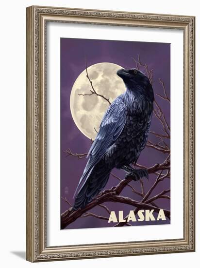 Alaska - Raven and Moon Purple Sky-Lantern Press-Framed Art Print