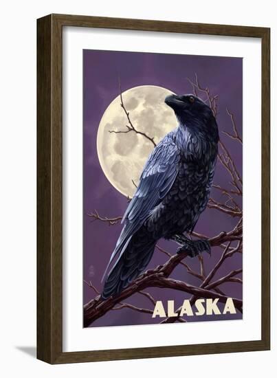 Alaska - Raven and Moon Purple Sky-Lantern Press-Framed Art Print