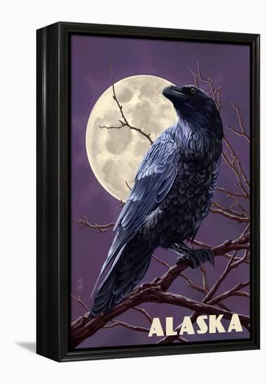 Alaska - Raven and Moon Purple Sky-Lantern Press-Framed Stretched Canvas