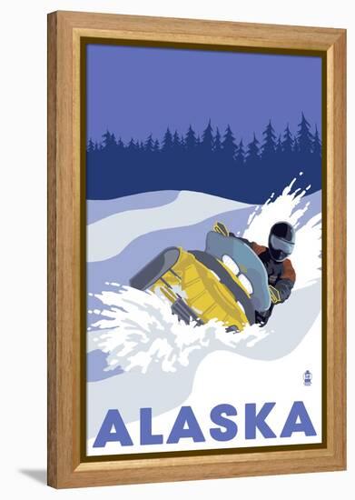 Alaska, Snowmobile Scene-Lantern Press-Framed Stretched Canvas