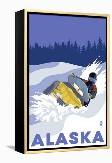 Alaska, Snowmobile Scene-Lantern Press-Framed Stretched Canvas