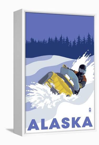 Alaska, Snowmobile Scene-Lantern Press-Framed Stretched Canvas