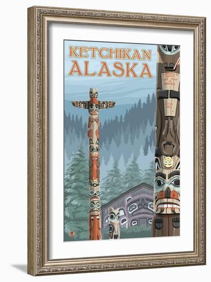 Alaska Totem Poles, Ketchikan, Alaska-Lantern Press-Framed Art Print