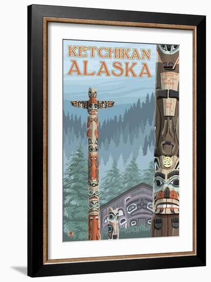 Alaska Totem Poles, Ketchikan, Alaska-Lantern Press-Framed Art Print