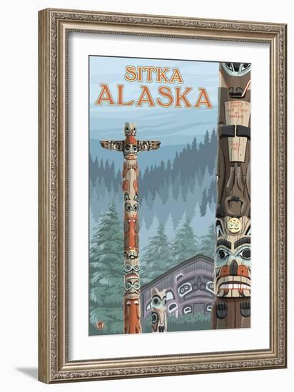 Alaska Totem Poles, Sitka, Alaska-Lantern Press-Framed Art Print