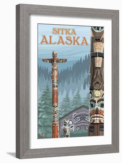 Alaska Totem Poles, Sitka, Alaska-Lantern Press-Framed Art Print