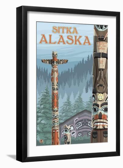Alaska Totem Poles, Sitka, Alaska-Lantern Press-Framed Art Print