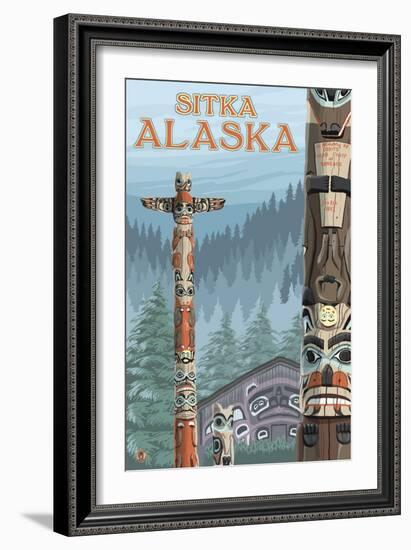 Alaska Totem Poles, Sitka, Alaska-Lantern Press-Framed Art Print