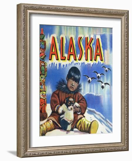 Alaska, View of a Native Child Holding a Puppy, Totem Pole and Penguins-Lantern Press-Framed Art Print