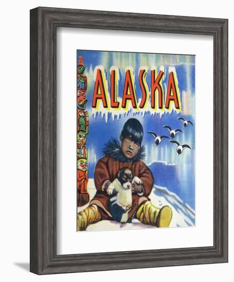 Alaska, View of a Native Child Holding a Puppy, Totem Pole and Penguins-Lantern Press-Framed Art Print