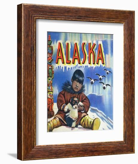 Alaska, View of a Native Child Holding a Puppy, Totem Pole and Penguins-Lantern Press-Framed Art Print