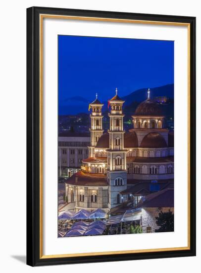 Albania, Korca, the Orthodox Cathedral, Boulevard Republika, Dusk-Walter Bibikow-Framed Photographic Print