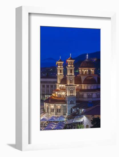 Albania, Korca, the Orthodox Cathedral, Boulevard Republika, Dusk-Walter Bibikow-Framed Photographic Print