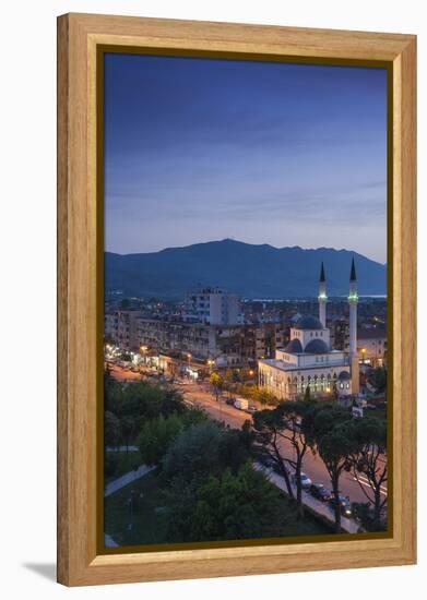 Albania, Shkodra, Elevated View of Zogu 1 Boulevard and Mosque, Dusk-Walter Bibikow-Framed Premier Image Canvas