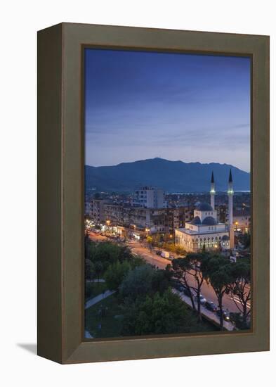 Albania, Shkodra, Elevated View of Zogu 1 Boulevard and Mosque, Dusk-Walter Bibikow-Framed Premier Image Canvas