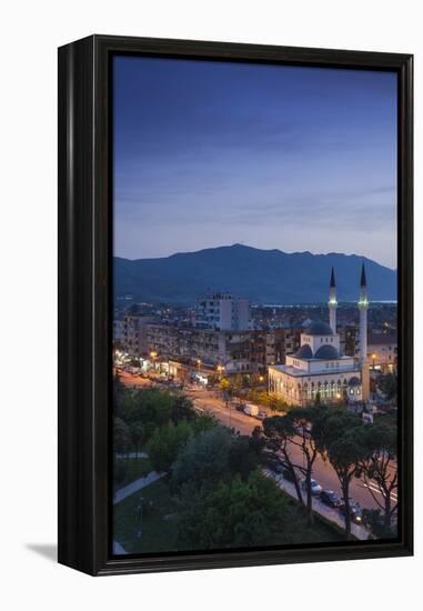 Albania, Shkodra, Elevated View of Zogu 1 Boulevard and Mosque, Dusk-Walter Bibikow-Framed Premier Image Canvas