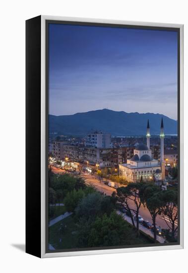 Albania, Shkodra, Elevated View of Zogu 1 Boulevard and Mosque, Dusk-Walter Bibikow-Framed Premier Image Canvas