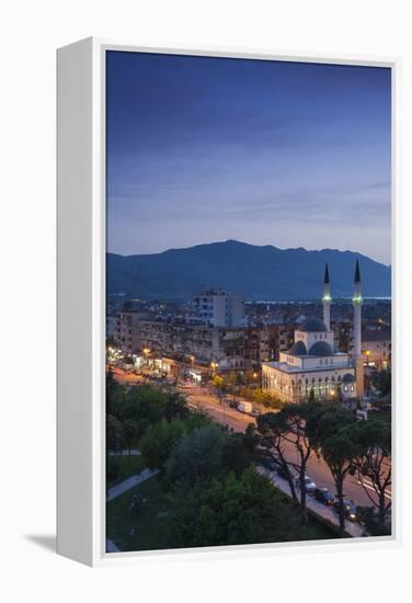 Albania, Shkodra, Elevated View of Zogu 1 Boulevard and Mosque, Dusk-Walter Bibikow-Framed Premier Image Canvas