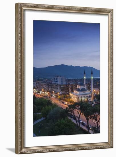 Albania, Shkodra, Elevated View of Zogu 1 Boulevard and Mosque, Dusk-Walter Bibikow-Framed Photographic Print