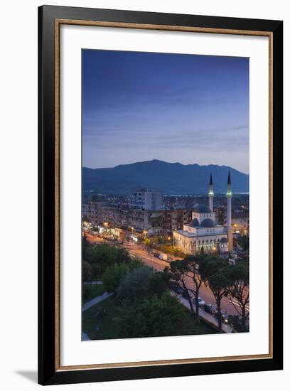 Albania, Shkodra, Elevated View of Zogu 1 Boulevard and Mosque, Dusk-Walter Bibikow-Framed Photographic Print