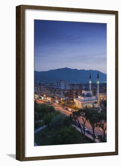 Albania, Shkodra, Elevated View of Zogu 1 Boulevard and Mosque, Dusk-Walter Bibikow-Framed Photographic Print