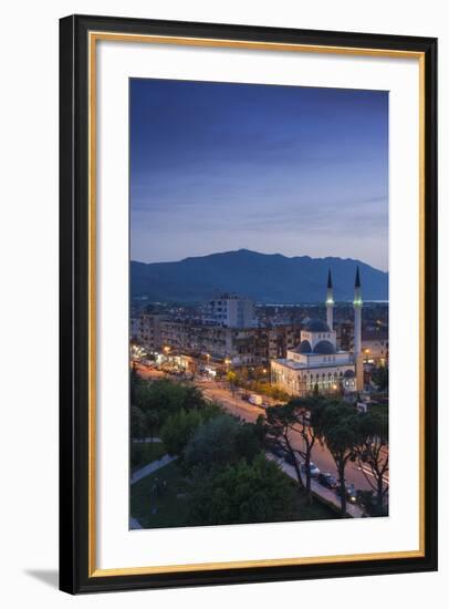 Albania, Shkodra, Elevated View of Zogu 1 Boulevard and Mosque, Dusk-Walter Bibikow-Framed Photographic Print