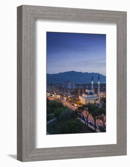 Albania, Shkodra, Elevated View of Zogu 1 Boulevard and Mosque, Dusk-Walter Bibikow-Framed Photographic Print