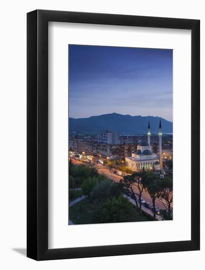 Albania, Shkodra, Elevated View of Zogu 1 Boulevard and Mosque, Dusk-Walter Bibikow-Framed Photographic Print