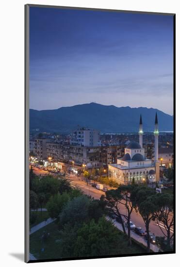 Albania, Shkodra, Elevated View of Zogu 1 Boulevard and Mosque, Dusk-Walter Bibikow-Mounted Photographic Print