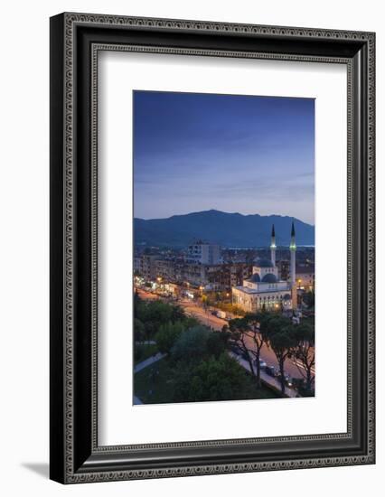 Albania, Shkodra, Elevated View of Zogu 1 Boulevard and Mosque, Dusk-Walter Bibikow-Framed Photographic Print