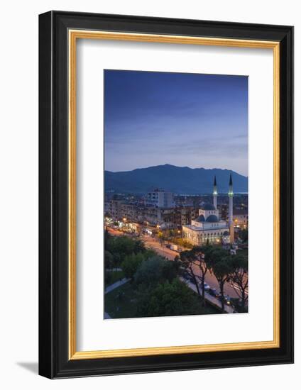 Albania, Shkodra, Elevated View of Zogu 1 Boulevard and Mosque, Dusk-Walter Bibikow-Framed Photographic Print