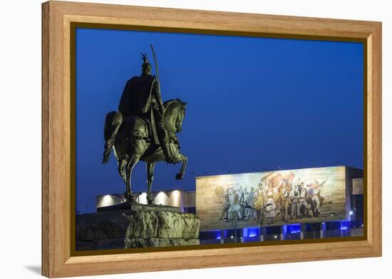 Albania, Tirana, Skanderbeg Square, Statue of Skanderbeg and National Historical Museum, Dusk-Walter Bibikow-Framed Premier Image Canvas